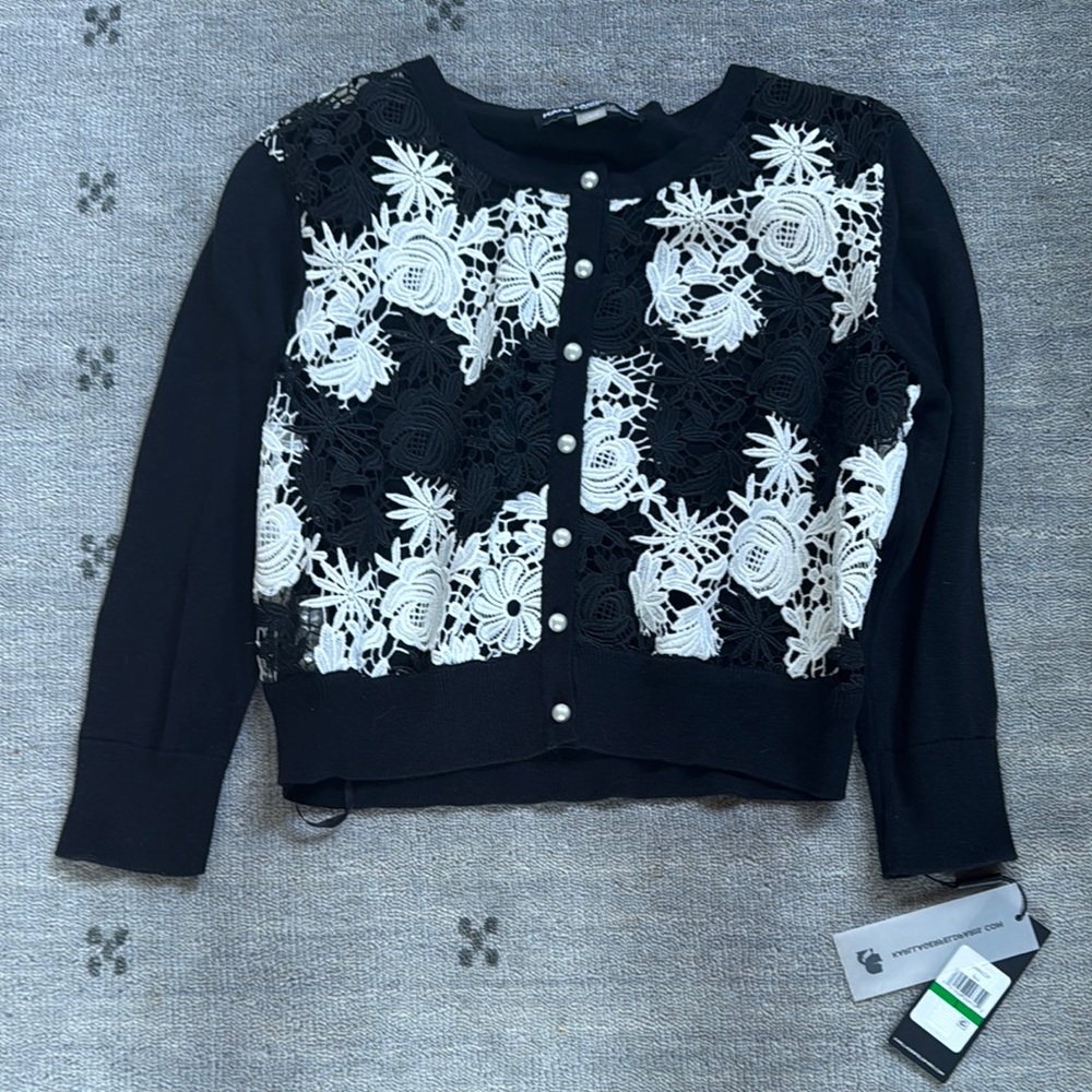 Karl Lagerfield Black and White Floral Lace Women's Sweater- Large